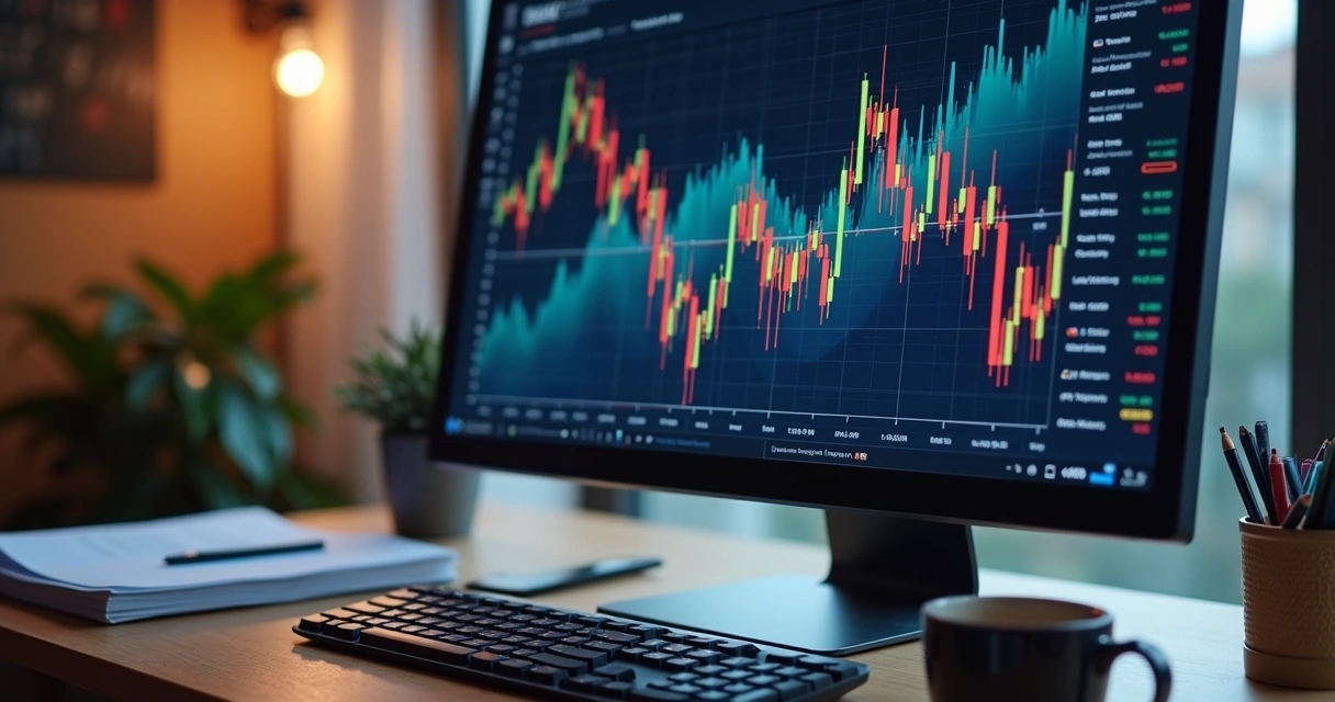 Tela de computador mostrando gráfico de investimento. 
