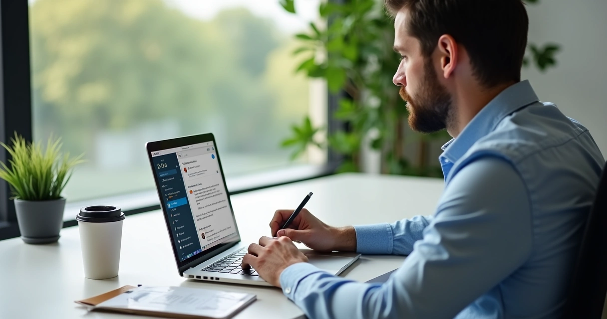 Homem digitando em laptop com post aberto no LinkedIn 