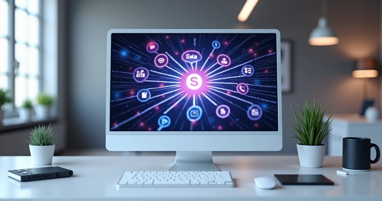 Computador com integrações SaaS conectadas a um marketplace digital. 