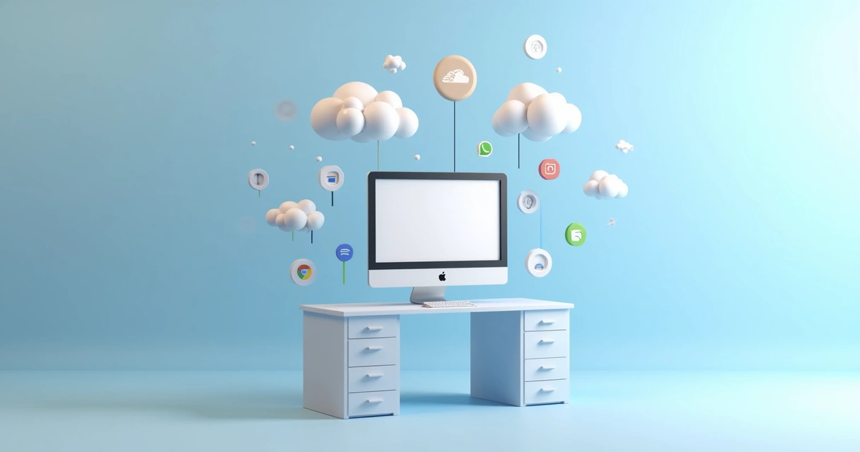 Computador conectado à nuvem com ícones de aplicativos ao redor 