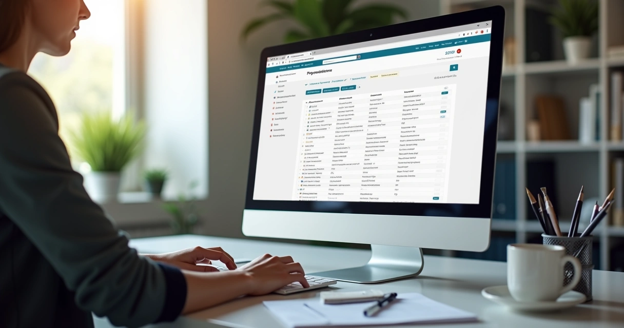 Pessoa acessando portal de compras públicas em computador com tela mostrando opções de filtros e notificações 