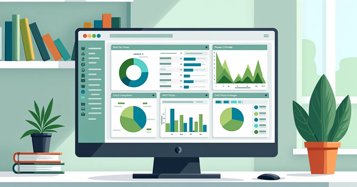 Computador exibindo gráficos do Power BI Embedded em oficina moderna, com acesso fácil a relatórios e interatividade.