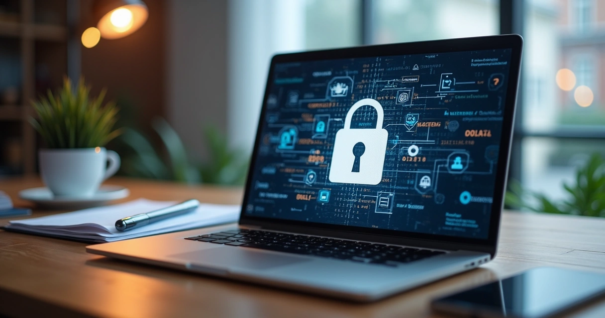 Computador com tela exibindo cadeado digital sobre dados protegidos 