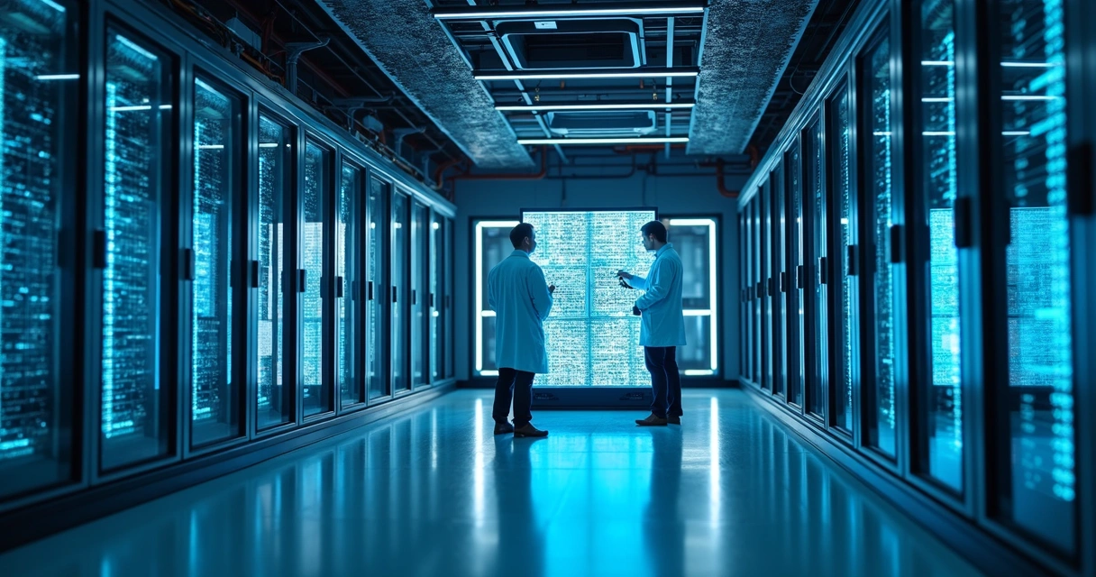 Computador quântico de última geração em sala refrigerada, cabos coloridos e luzes azuis 