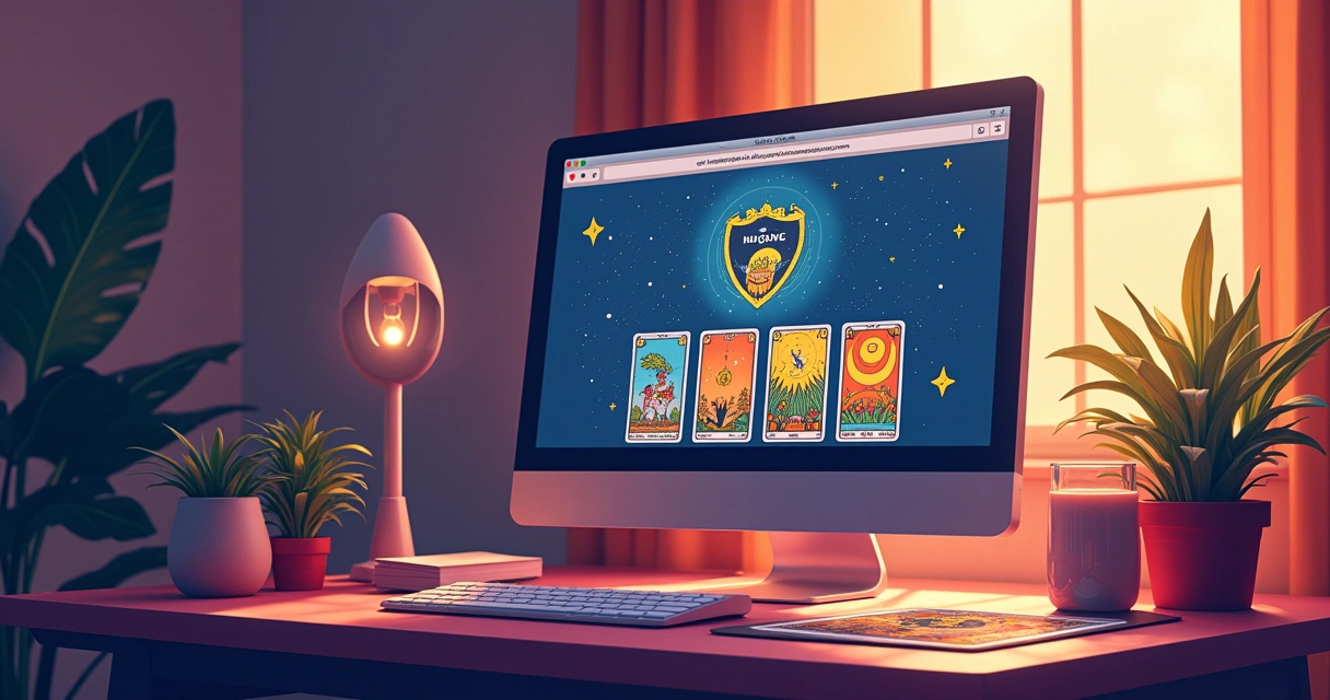 Ambiente acolhedor com computador exibindo tarot online, xícara de chá e cartas de tarot na mesa.