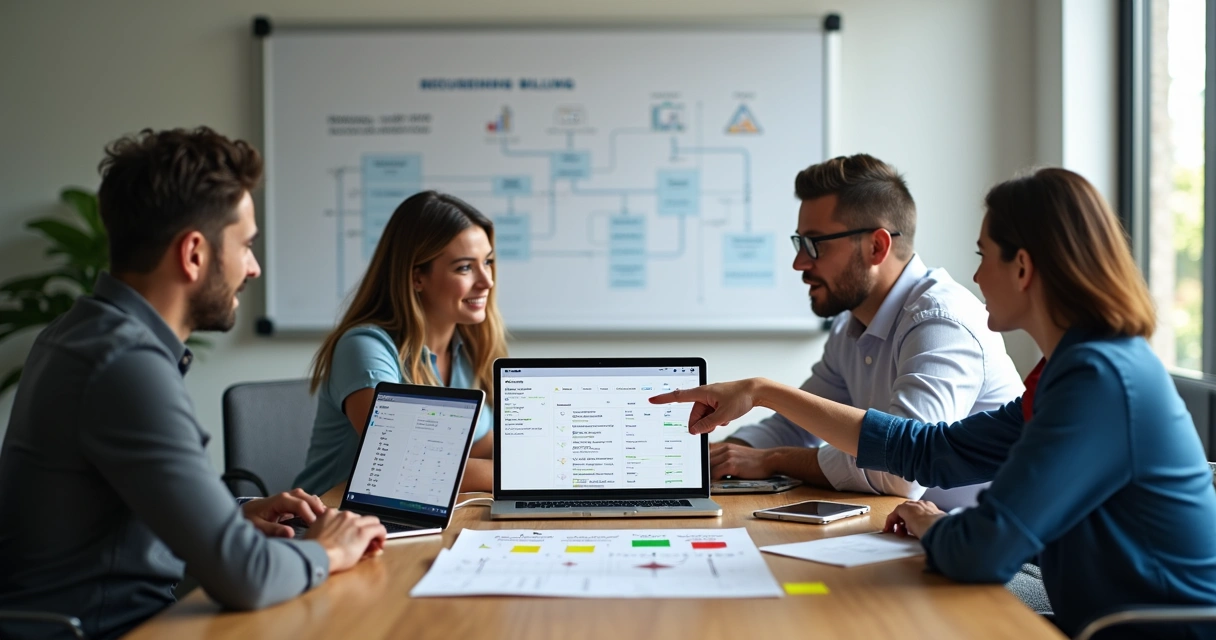 Equipe de PME configura sistema de cobrança recorrente em laptops em mesa de reuniāo 