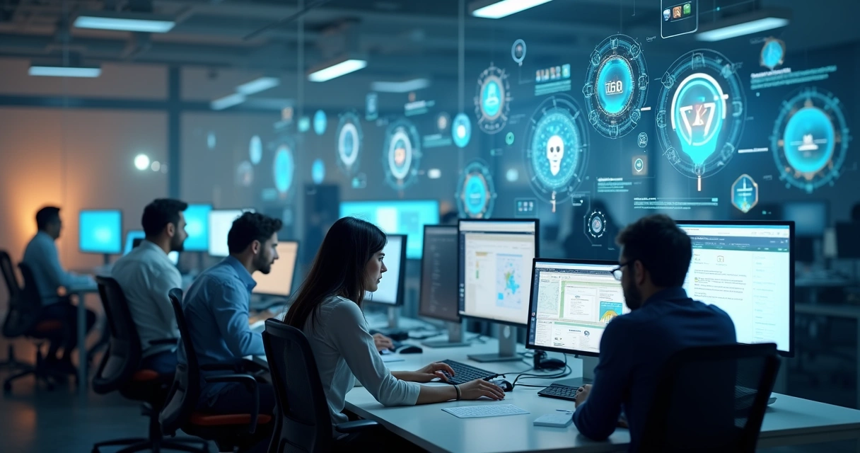 Colaboradores usando computadores em uma empresa, com gráficos e ícones digitais flutuando sobre as telas, ilustrando o uso de IA 