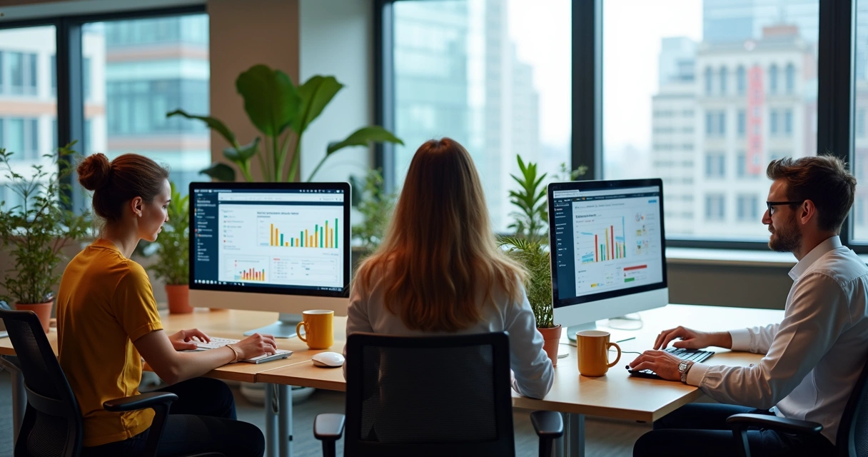 Equipe de marketing trabalhando em computadores no escritório 