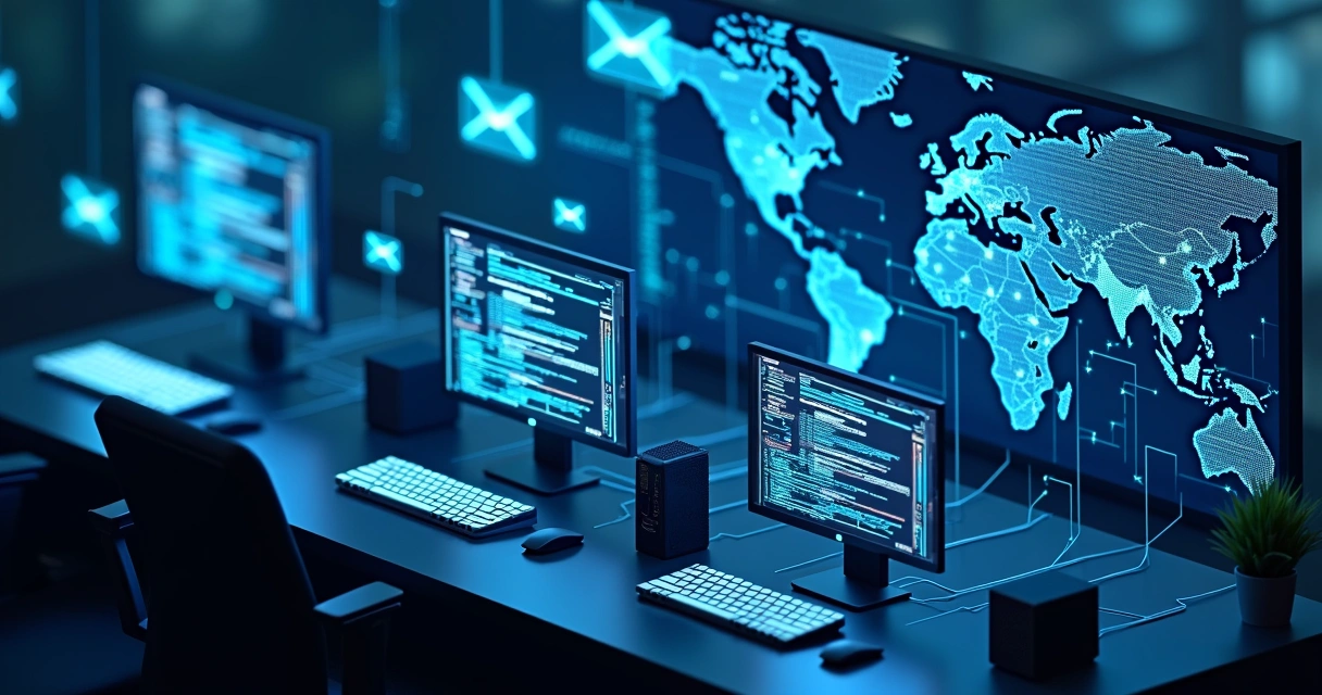 Computadores conectados trocando emails em ambiente digital 