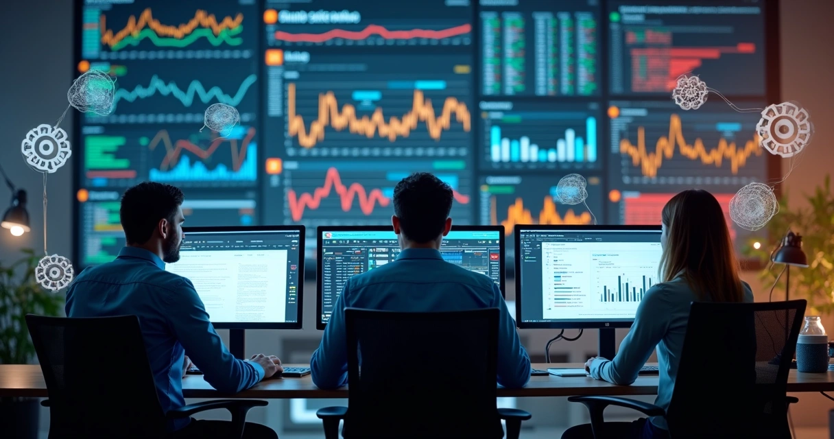 Telas de computador exibindo gráficos fiscais com padrões de dados emergentes 