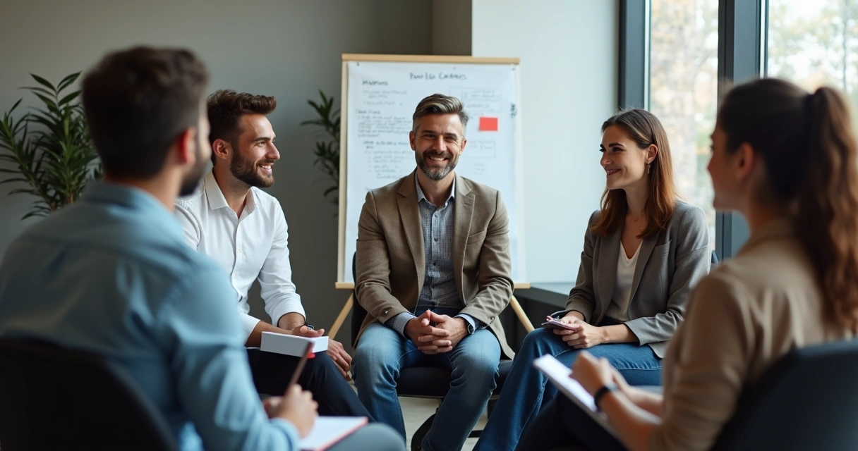 Reunião de equipe em ambiente corporativo, pessoas conversando em círculo 