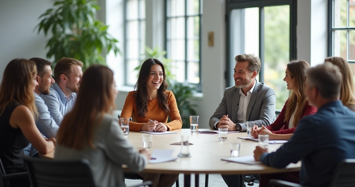 Grupo de pessoas conversando abertamente em mesa redonda 