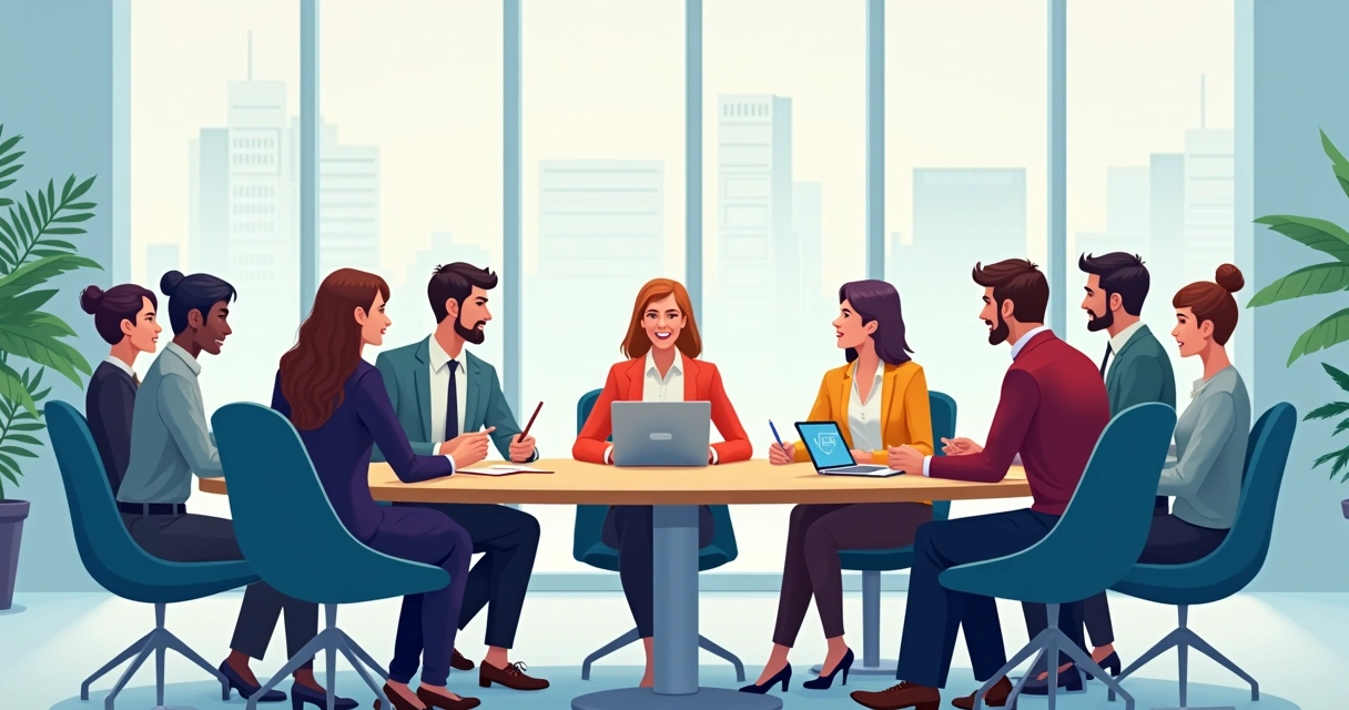 Pessoas em reunião em ambiente corporativo, dialogando ao redor de uma mesa oval 