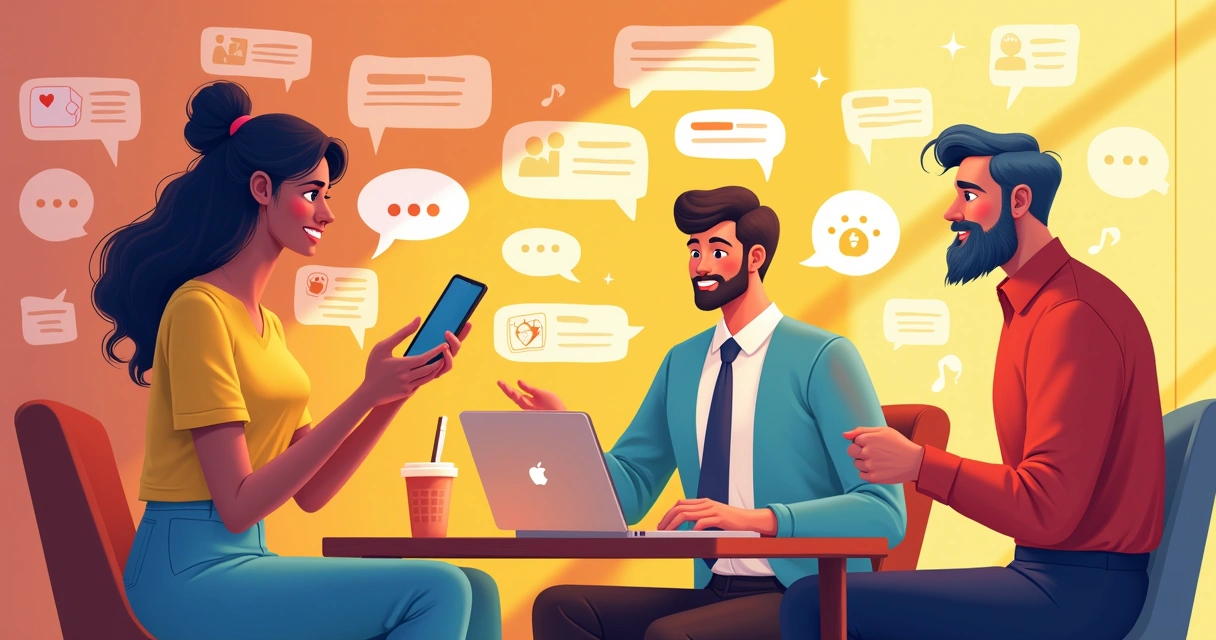 Grupo diversificado se comunicando nas redes sociais, com estilo leve e formal, ambientação vibrante.