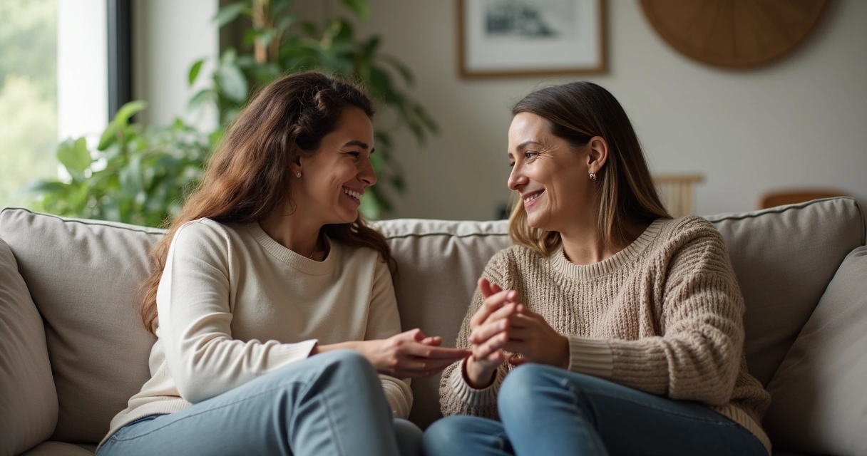 Duas pessoas conversam de maneira afetuosa em sua casa, sentadas, com olhares calmos
