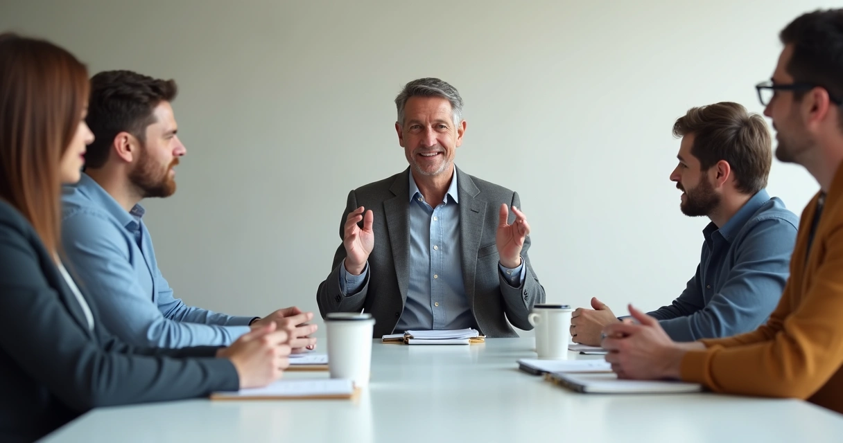 Pessoa falando calmamente em reunião, gesticulando com mãos abertas 