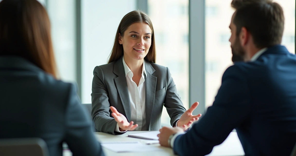 Pessoa falando em entrevista de emprego com expressão segura e serena. 