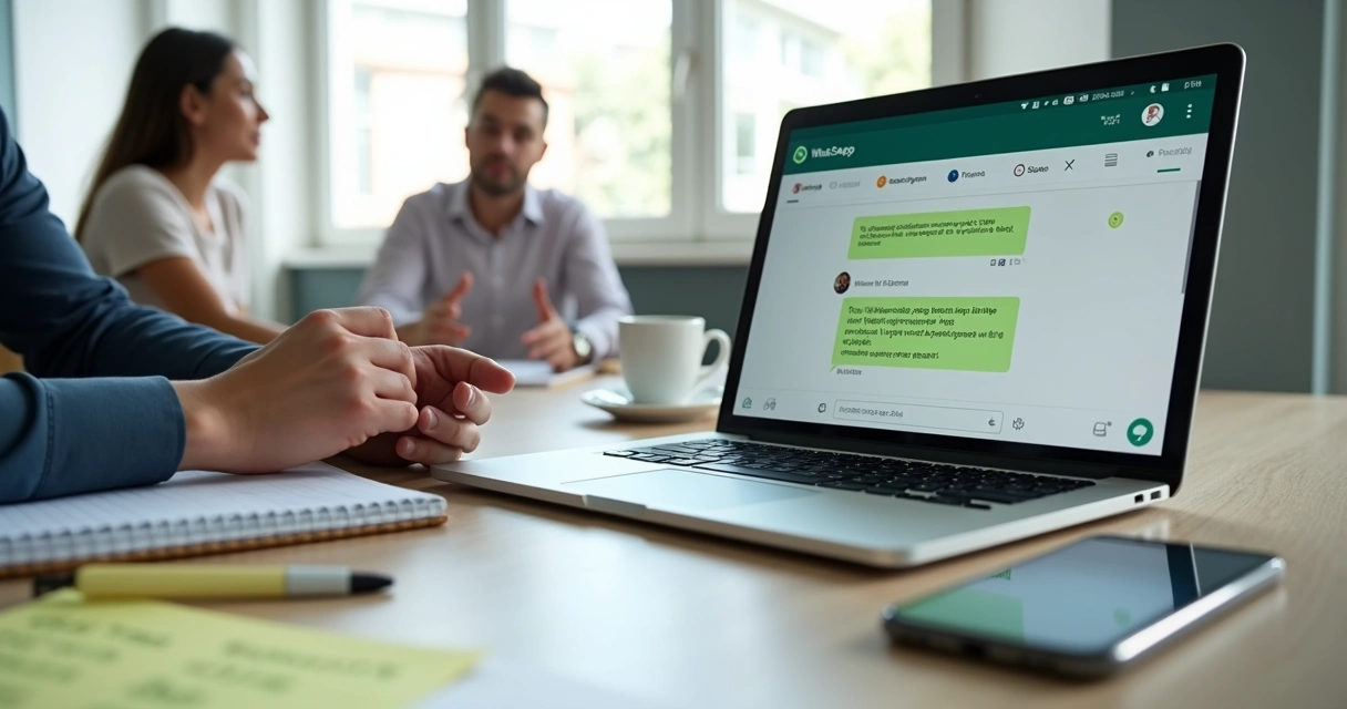 Administrador conduzindo conversa organizada em grupo de WhatsApp exibido em laptop e smartphone 