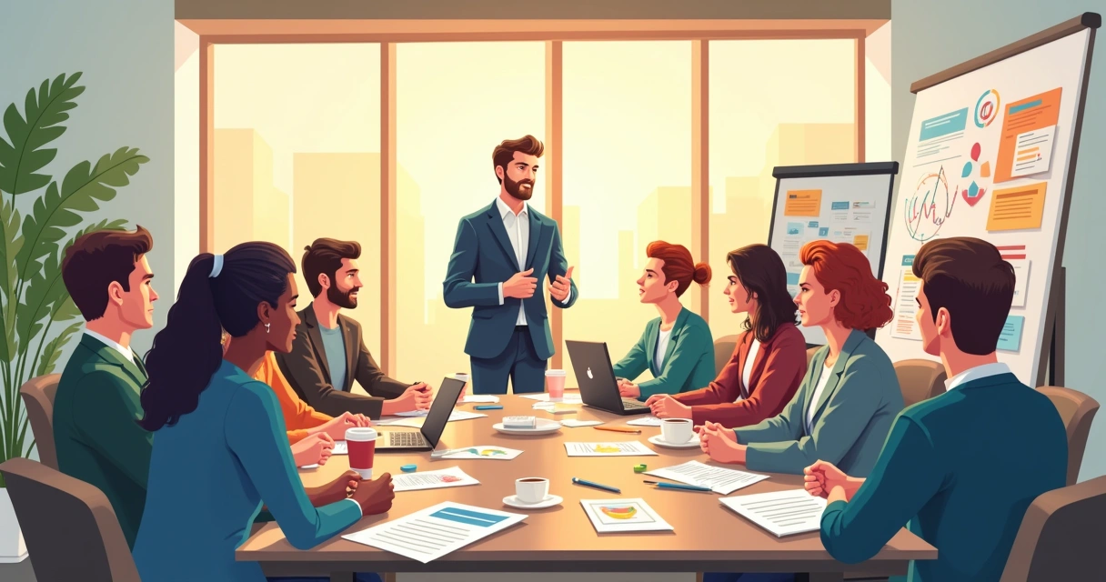 Grupo diverso de profissionais discutindo em um escritório moderno, enfatizando comunicação assertiva e colaboração.