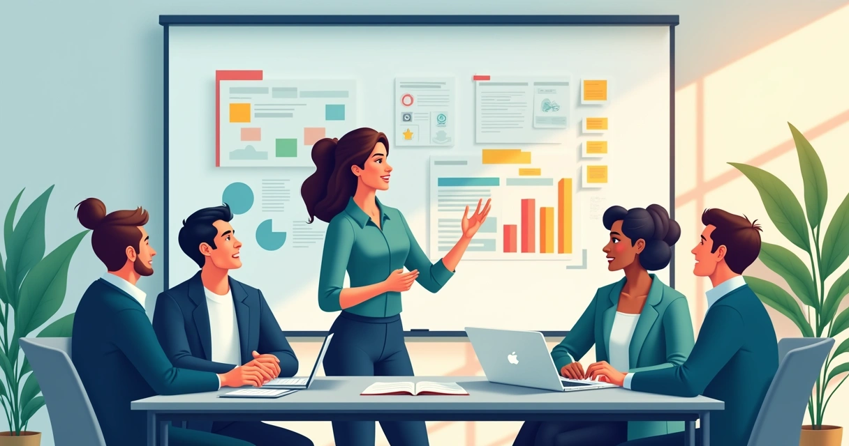Grupo diversificado de profissionais em reunião, discutindo ideias com colaboração e feedback construtivo.