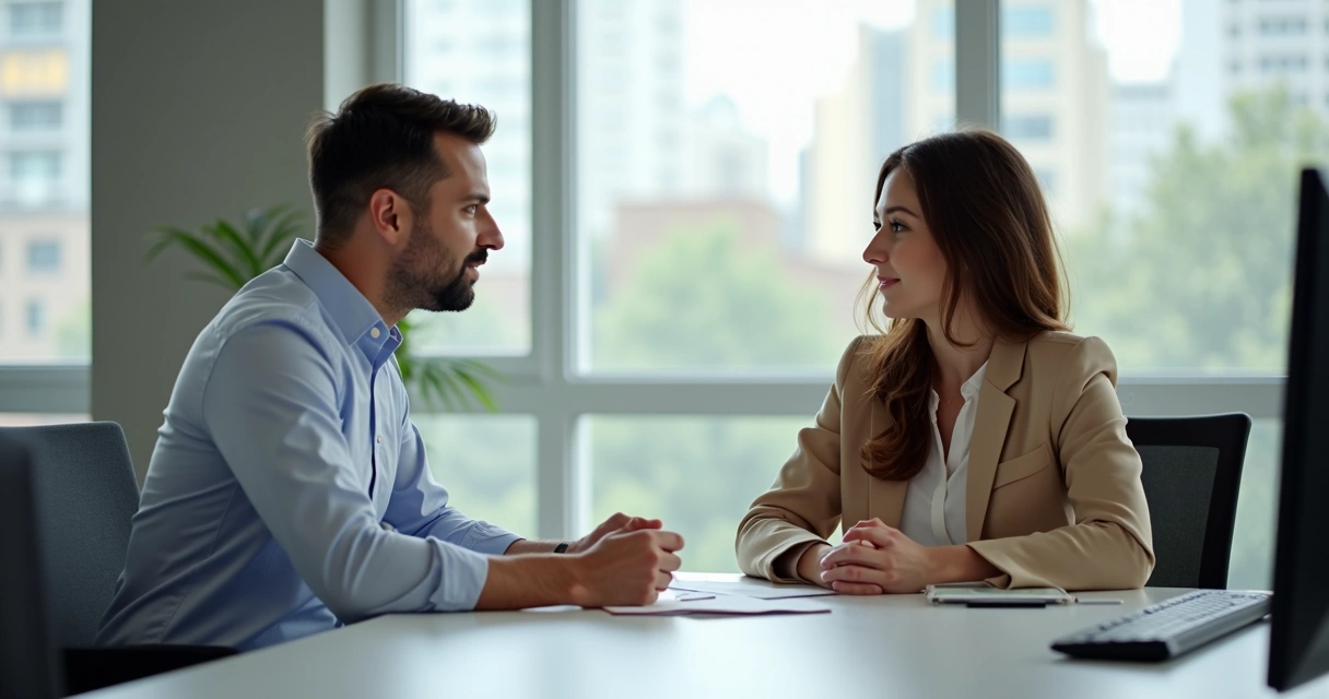 Duas pessoas conversando de forma aberta em um escritório 