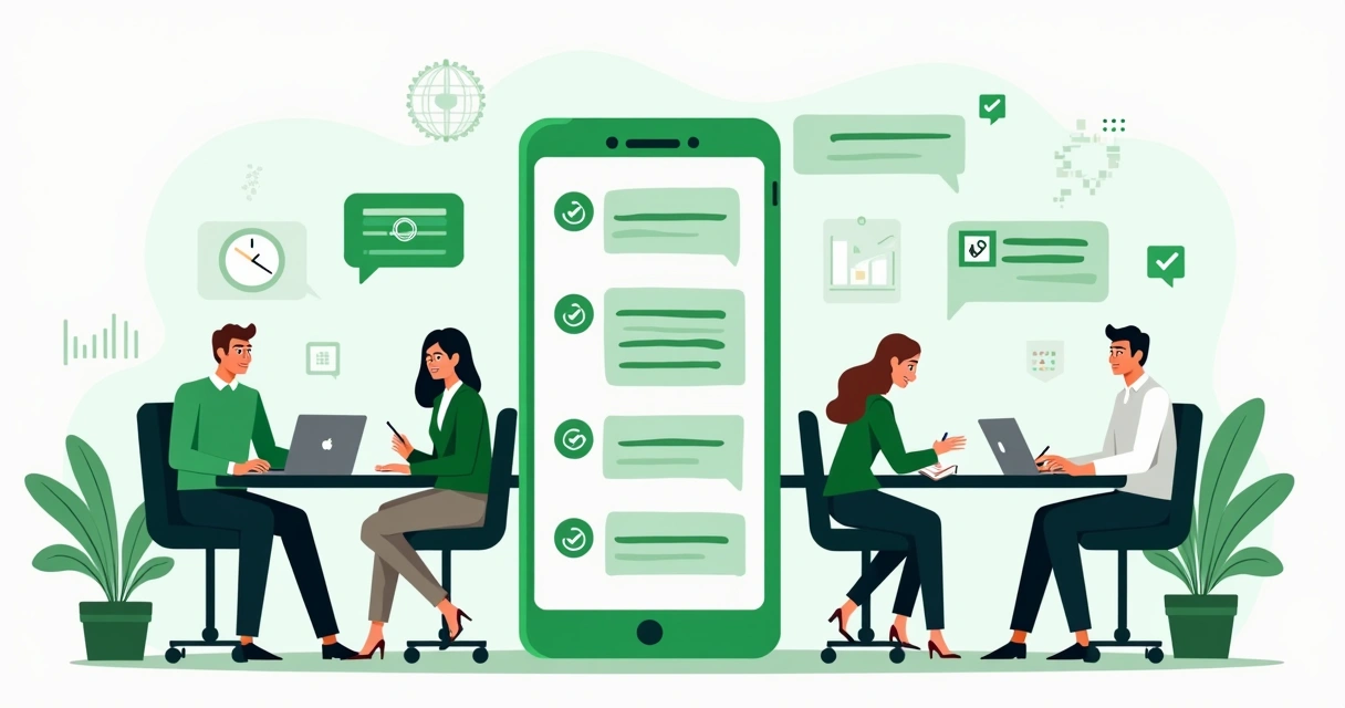 Equipe usando comunicação assíncrona no WhatsApp em ambiente corporativo 