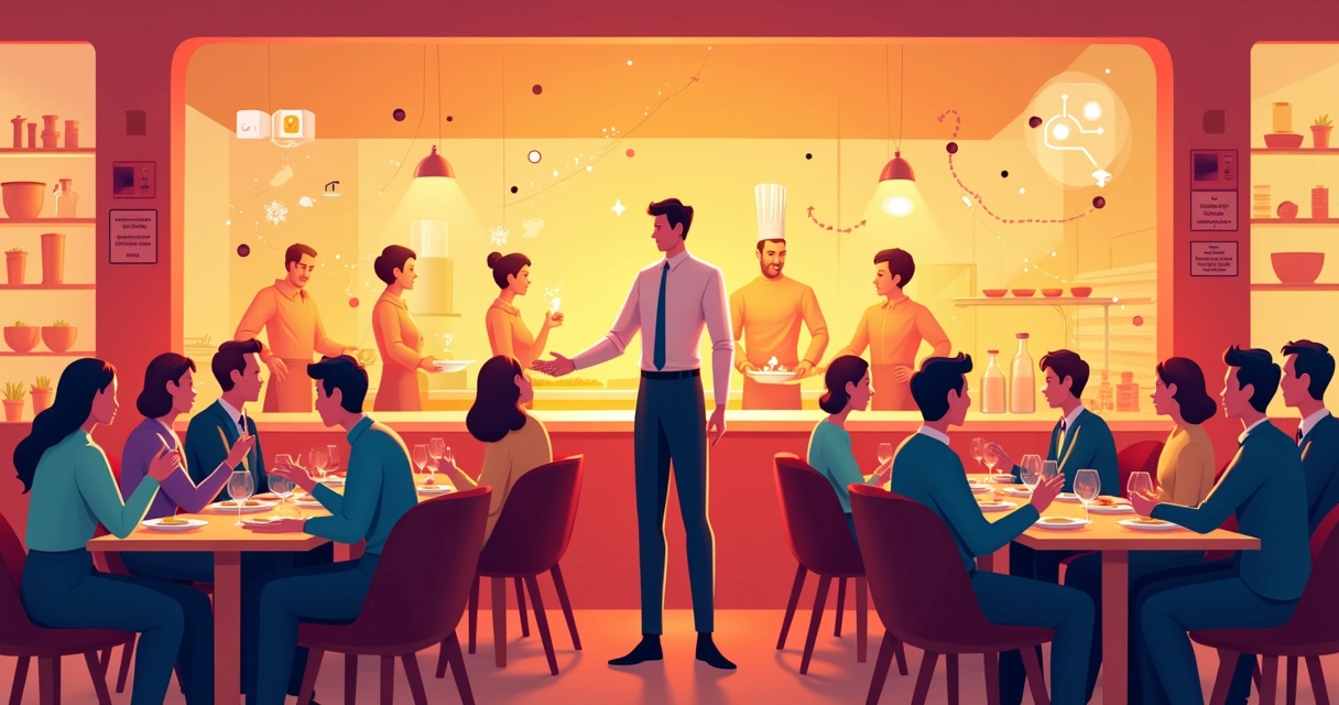 Ilustração de um restaurante vibrante com garçom atendendo várias mesas e cozinha em atividade.