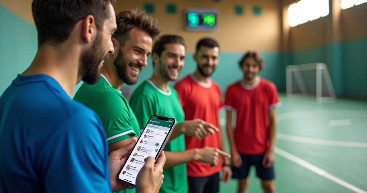 Grupo de atletas olhando mensagens de torneio no WhatsApp em quadra esportiva 