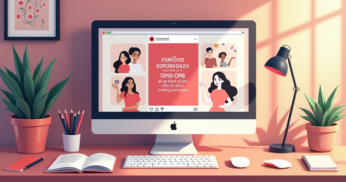 Computador com post de marca feminina autêntica e mensagem de empoderamento na tela