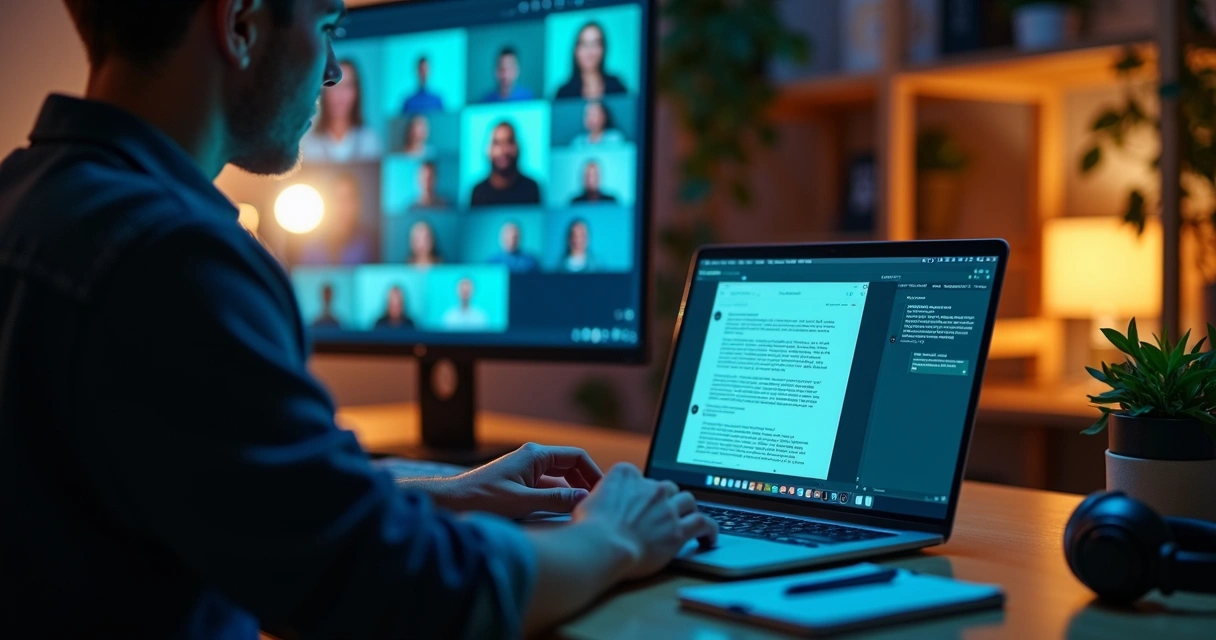 Pessoa em videochamada digitando mensagem autêntica no computador 