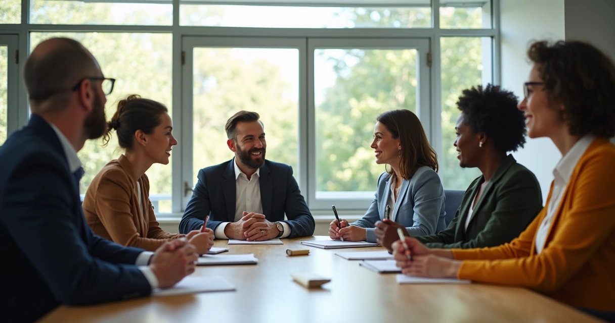 Equipe reunida em conversa atenta e colaborativa 