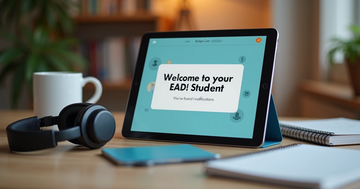 Tablet mostrando mensagem automática de boas-vindas a aluno EAD, mesa com fone de ouvido e café 
