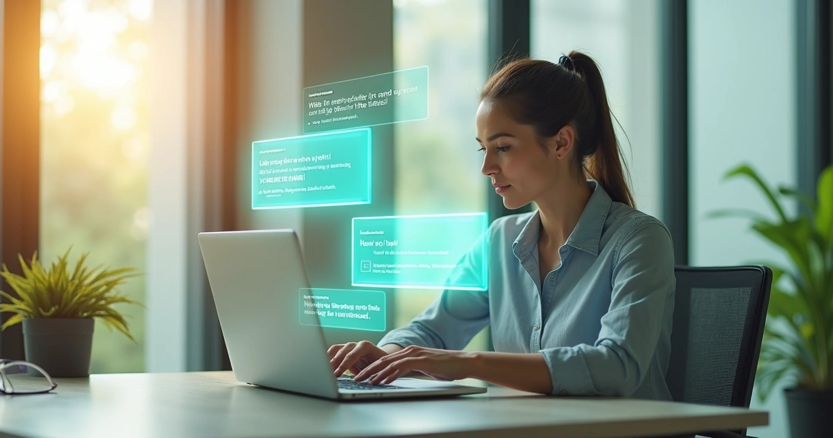 Mulher usando notebook ao lado de telas flutuantes com mensagens automáticas 