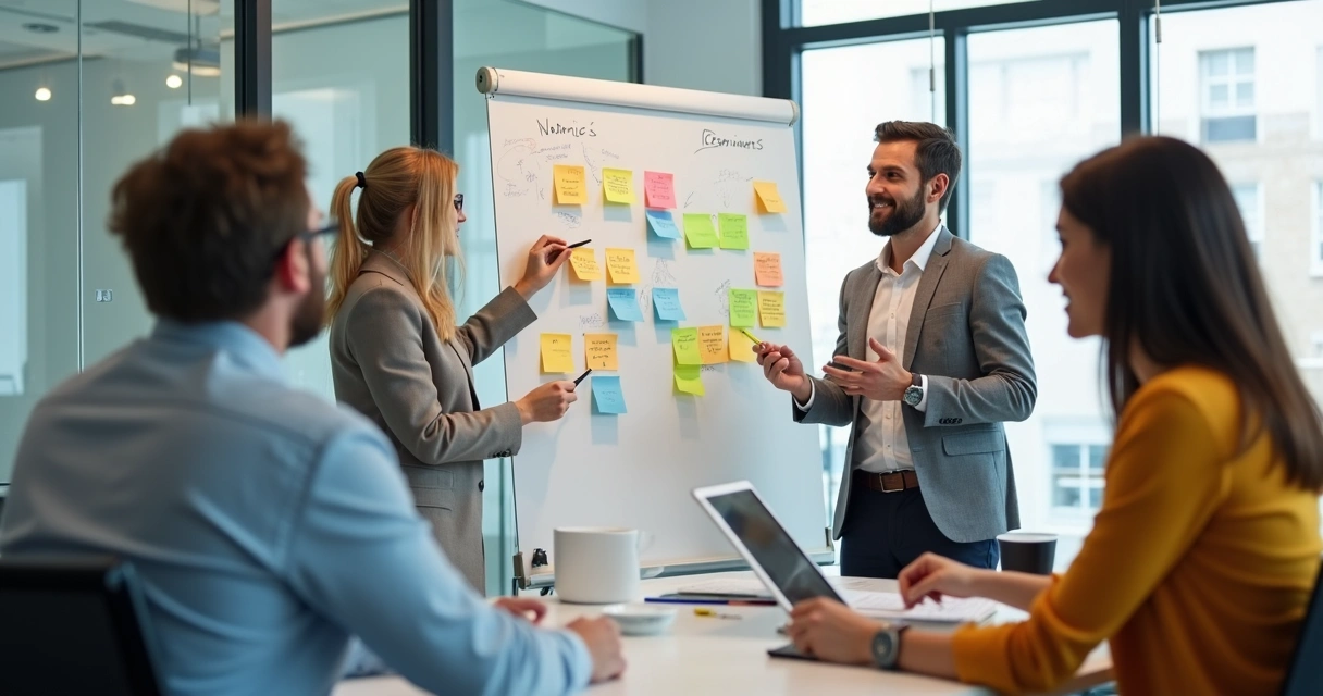 Equipe corporativa em reunião de comunicação clara com quadro branco 