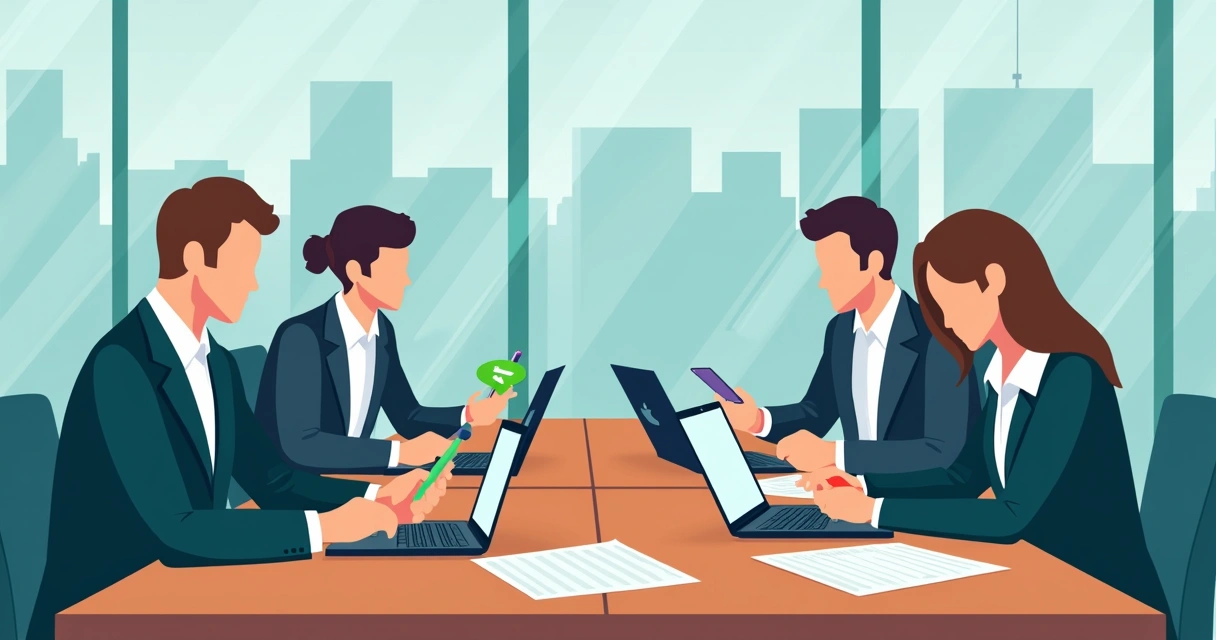 Equipe de negócios discutindo mensagens no WhatsApp em ambiente corporativo, telas de celular com mensagens, mesa e computadores ao redor 