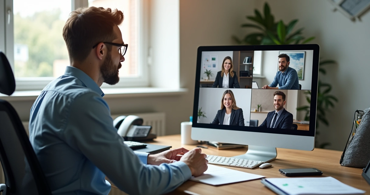 Gestor de escritório em videoconferência com clientes empresariais, notebook aberto na mesa