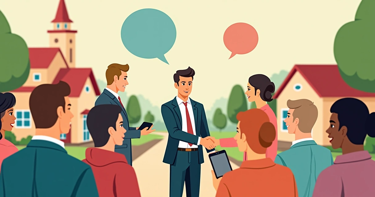 Candidato conversa com eleitores em praça pequena cidade 