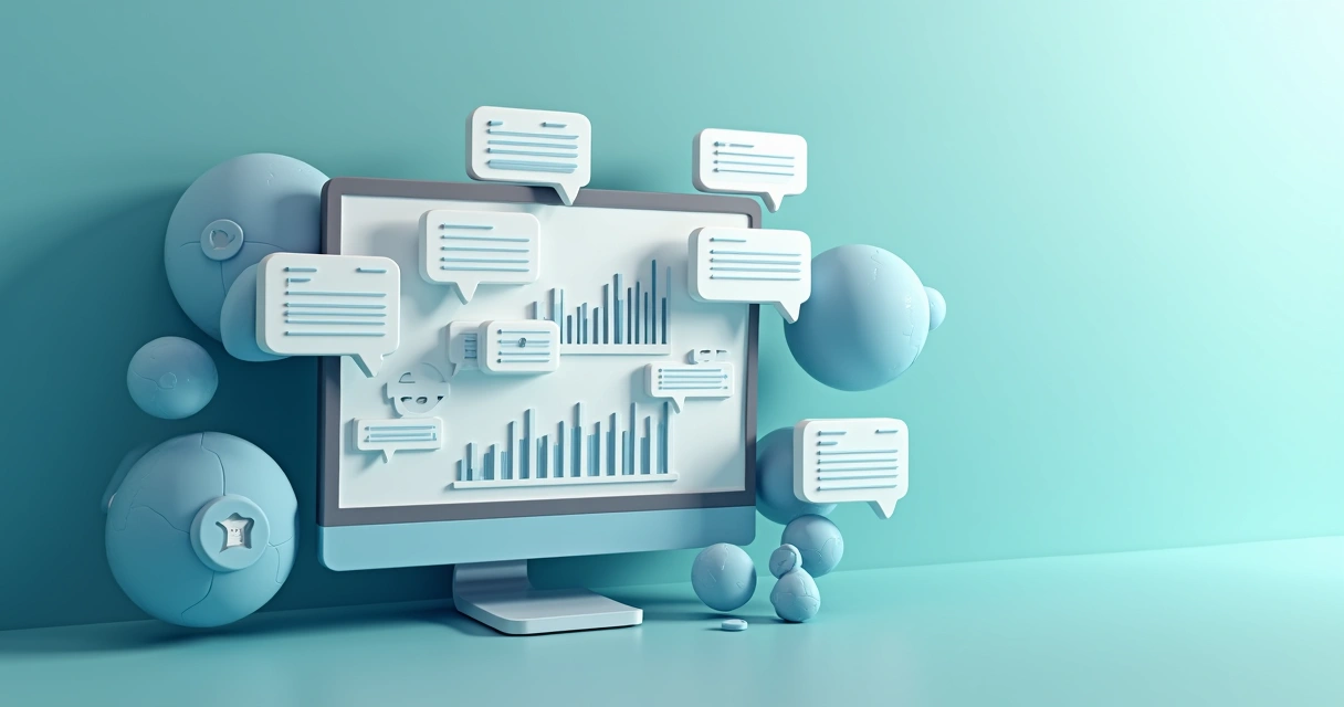 Interface digital mostra chat entre escritório e parceiros, com gráficos ao lado indicando dados de interação. 