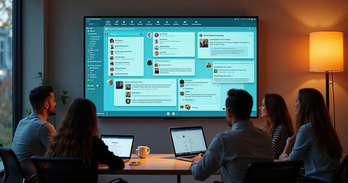 Equipe reunida em pequena PME visualizando comunicações integradas em única tela 