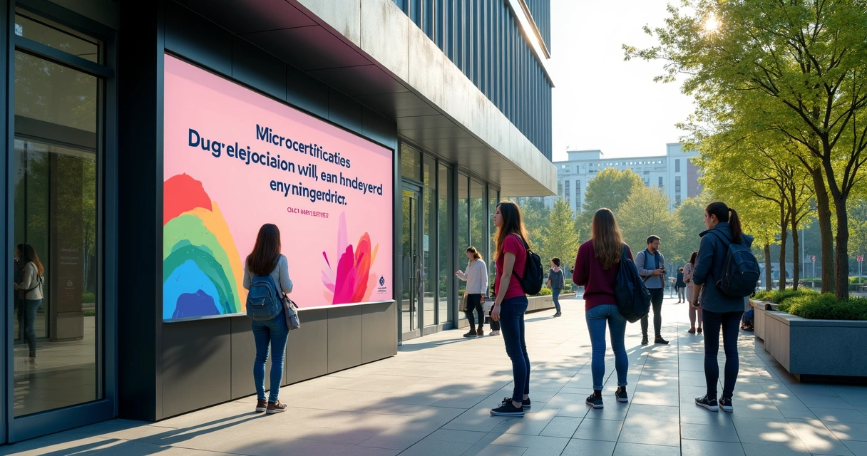Painel digital em campus universitário exibindo anúncio de microcertificados. 