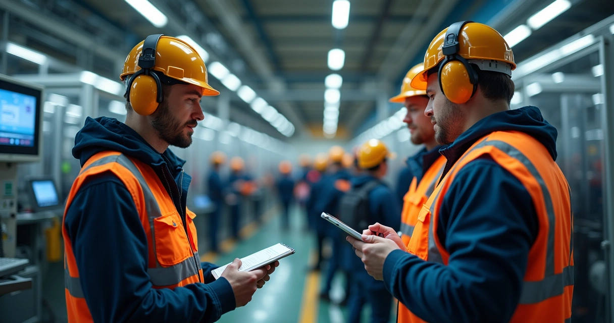 Operadores usando fones de ouvido em ambiente industrial com máquinas funcionando