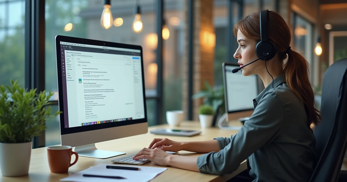 Atendente escrevendo mensagem clara e objetiva no chat online 