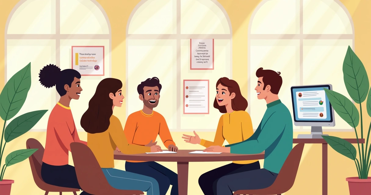 Equipe diversa discutindo abertamente em uma mesa redonda em um escritório claro e arejado.