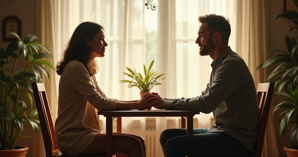 Casal conversando de frente, mãos dadas, clima de empatia e honestidade 