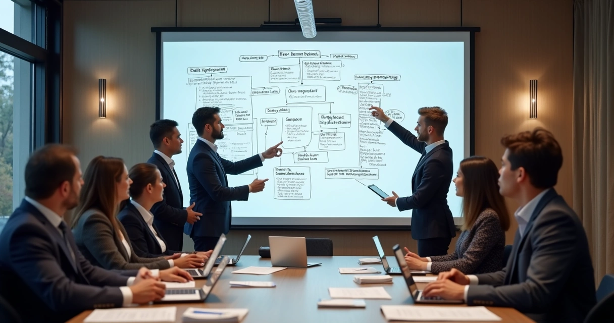 Equipe de RH discutindo em quadro de reuniões com tópicos e fluxogramas 