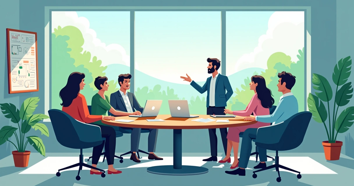 Equipe em reunião, comunicando-se claramente, com laptop e anotações sobre a situação.