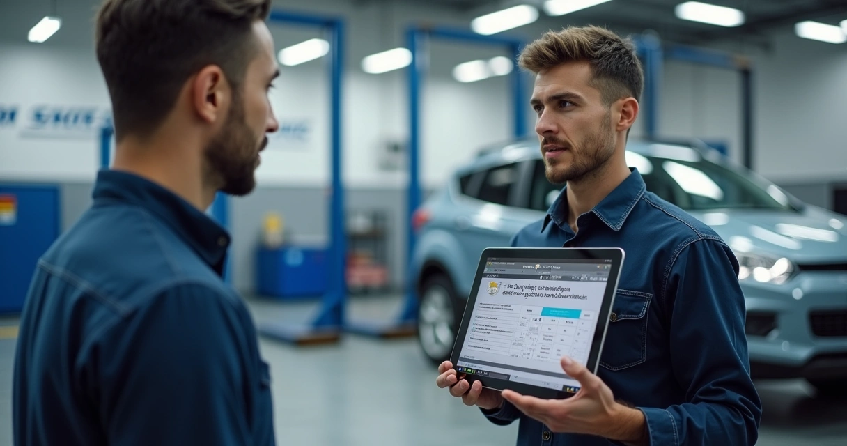 Conversa entre cliente e mecânico, com tablet mostrando laudo