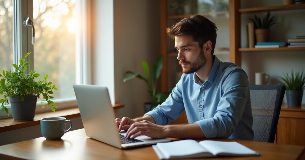 Pessoa digitando mensagem em notebook com agenda aberta 