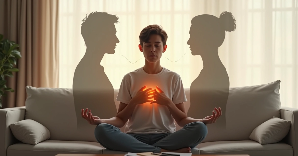 Pessoa com olhos fechados em postura de reflexão com silhueta duplicada simbolizando conflitos internos 