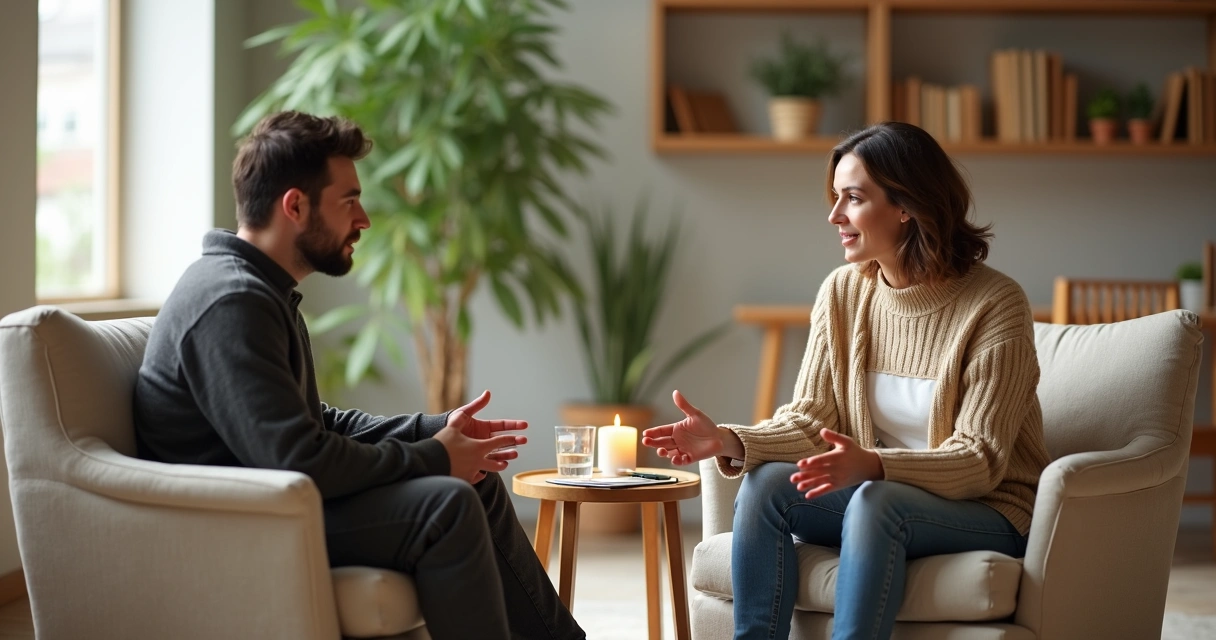 Duas pessoas conversando com atenção e empatia em uma sala clara 